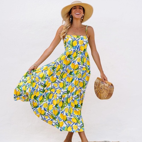 Kenny Flowers Dresses & Skirts - Kenny Flowers Dress Womens Large Lemon Print Smocked Maxi Tropical Sundress